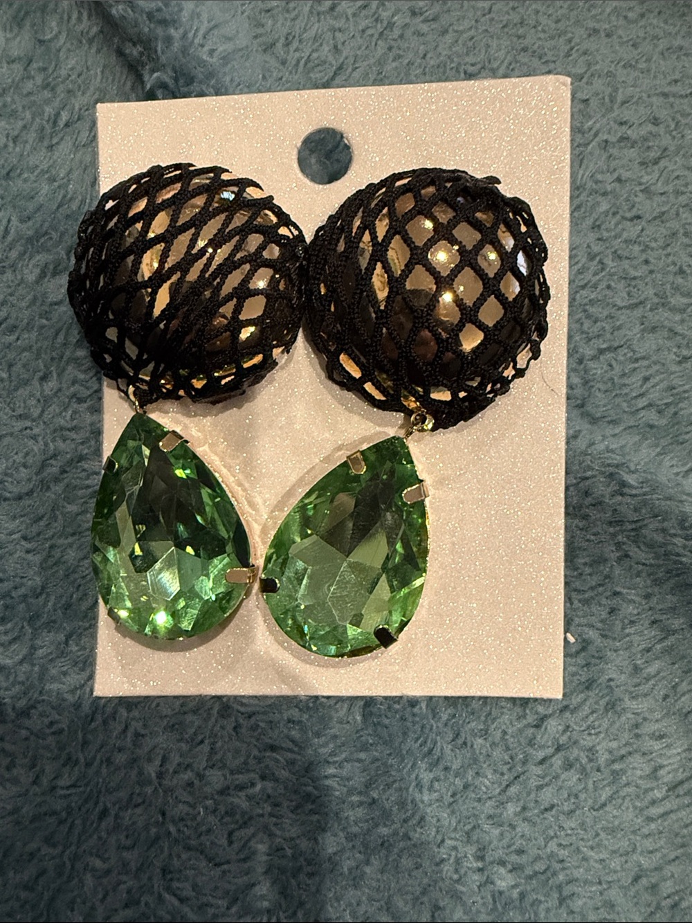 Green Teardrop Statement Earrings with Black Mesh Accent